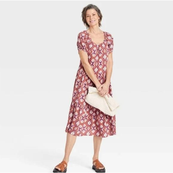 Knox Rose Batik Print Brown Short Sleeve Tiered Midi Dress XS NWOT - Picture 1 of 5